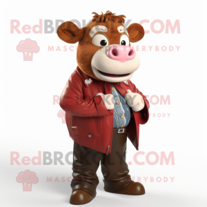 Red Hereford Cow mascot costume character dressed with a Leather Jacket and Bow ties