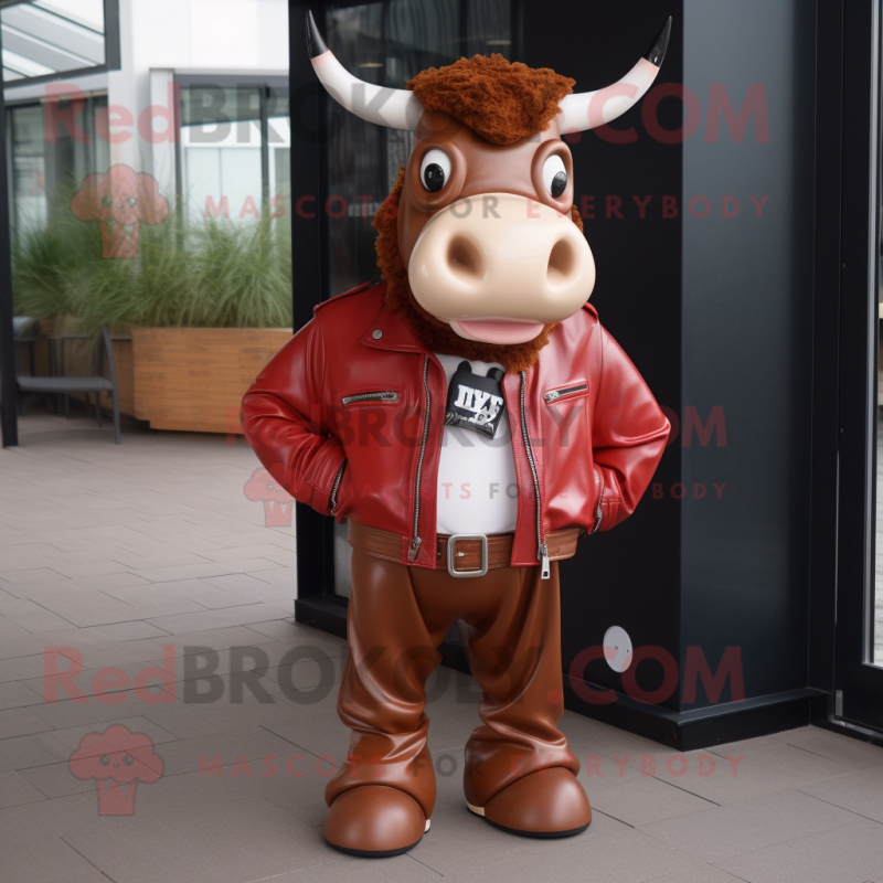 Red Hereford Cow mascot costume character dressed with a Leather Jacket and Bow ties