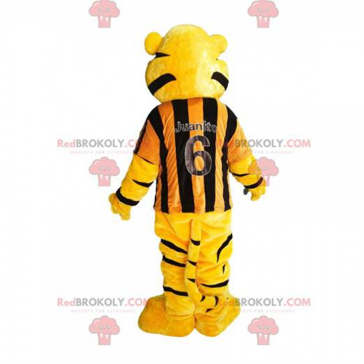 Mascote tigre com uma camisa listrada amarela e preta -