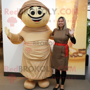 Tan Pho mascot costume character dressed with a Midi Dress and Cummerbunds