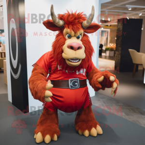 Red Minotaur mascot costume character dressed with a Jeans and Cummerbunds