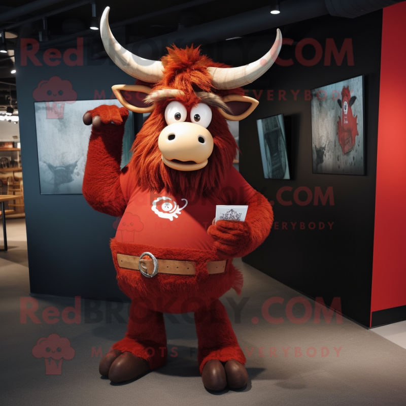 Red Minotaur mascot costume character dressed with a Jeans and Cummerbunds