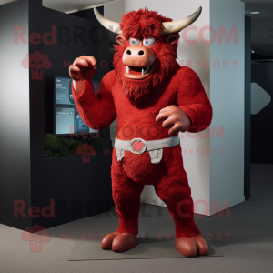 Red Minotaur mascot costume character dressed with a Jeans and Cummerbunds