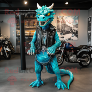 Turquoise Dragon mascot costume character dressed with a Biker Jacket and Shoe laces