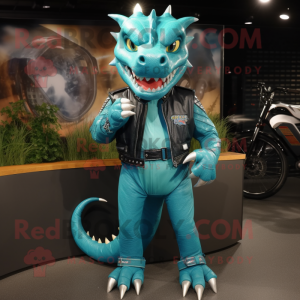 Turquoise Dragon mascot costume character dressed with a Biker Jacket and Shoe laces