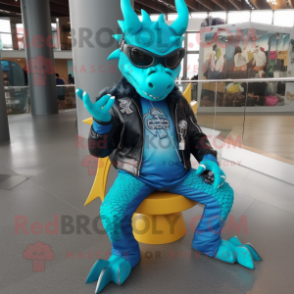 Turquoise Dragon mascot costume character dressed with a Biker Jacket and Shoe laces