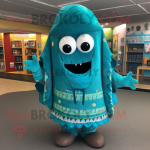 Turquoise Enchiladas mascot costume character dressed with a Sweater and Hats
