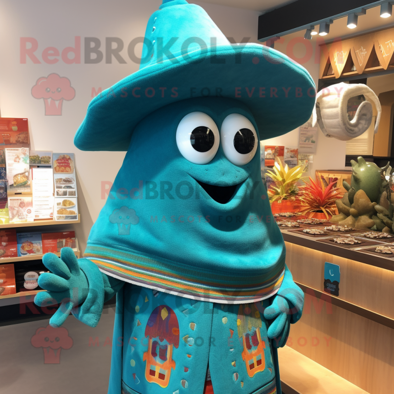 Turquoise Enchiladas mascot costume character dressed with a Sweater and Hats Turquoise Enchiladas mascot costume character dressed with a Sweater and Hats