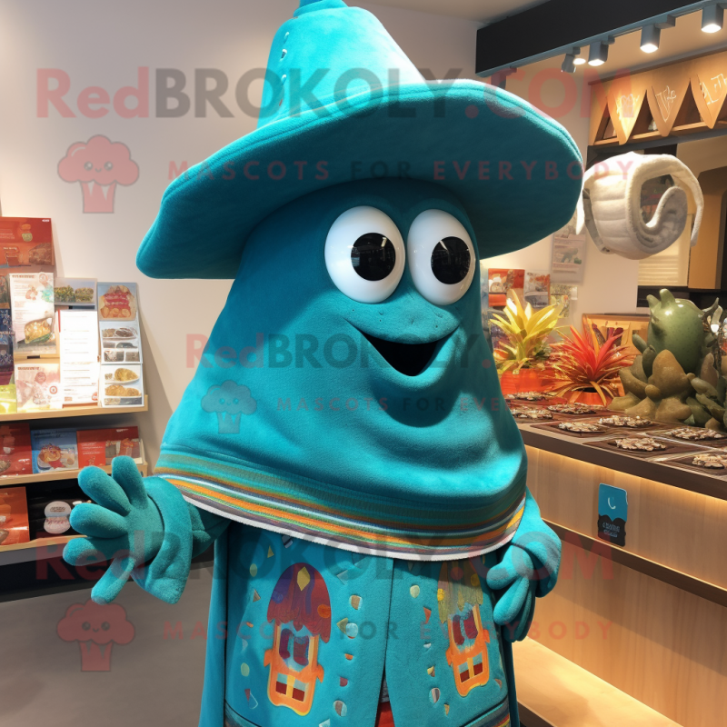 Turquoise Enchiladas mascot costume character dressed with a Sweater and Hats