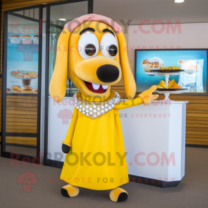 Yellow Hot Dog mascot costume character dressed with a Cocktail Dress and Necklaces