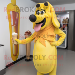 Yellow Hot Dog mascot costume character dressed with a Cocktail Dress and Necklaces