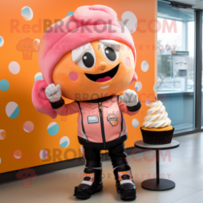 Peach Cupcake mascot costume character dressed with a Moto Jacket and Beanies