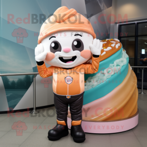 Peach Cupcake mascot costume character dressed with a Moto Jacket and Beanies