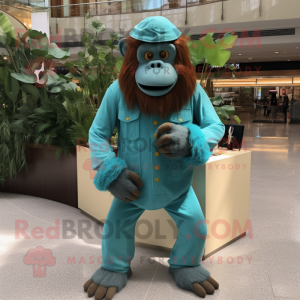 Cyan Orangutan mascot costume character dressed with a Corduroy Pants and Shoe clips