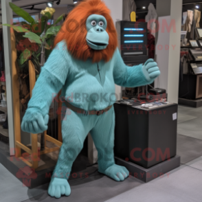 Cyan Orangutan mascot costume character dressed with a Corduroy Pants and Shoe clips