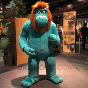 Cyan Orangutan mascot costume character dressed with a Corduroy Pants and Shoe clips