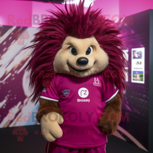 Magenta Porcupine mascot costume character dressed with a Polo Shirt and Wraps