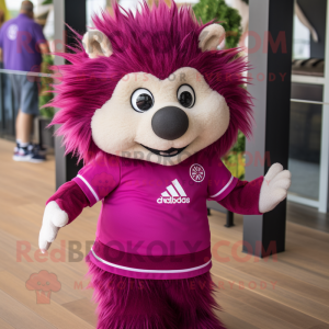 Magenta Porcupine mascot costume character dressed with a Polo Shirt and Wraps