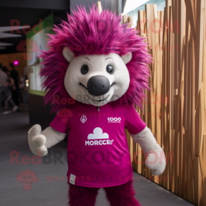 Magenta Porcupine mascot costume character dressed with a Polo Shirt and Wraps