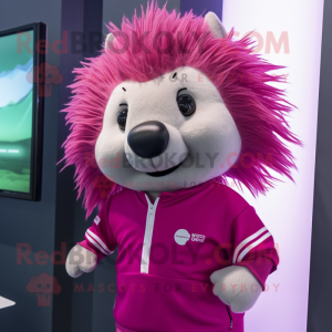 Magenta Porcupine mascot costume character dressed with a Polo Shirt and Wraps