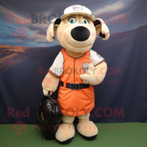 Peach Suffolk Sheep mascot costume character dressed with a Baseball Tee and Messenger bags