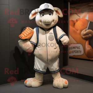 Peach Suffolk Sheep mascot costume character dressed with a Baseball Tee and Messenger bags