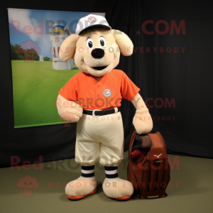Peach Suffolk Sheep mascot costume character dressed with a Baseball Tee and Messenger bags