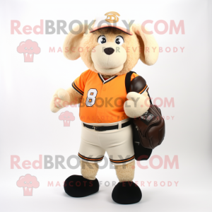 Peach Suffolk Sheep mascot costume character dressed with a Baseball Tee and Messenger bags