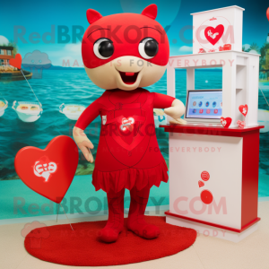 Red Love Letter mascot costume character dressed with a One-Piece Swimsuit and Coin purses