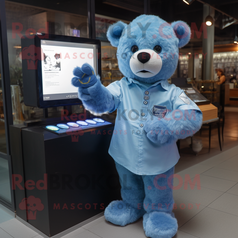 Blue Teddy Bear mascot costume character dressed with a Poplin Shirt and Digital watches