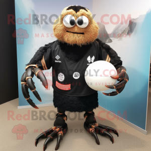 Black Hermit Crab mascot costume character dressed with a Rugby Shirt and Shawl pins