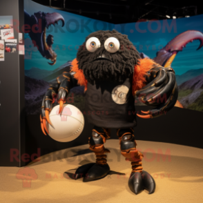 Black Hermit Crab mascot costume character dressed with a Rugby Shirt and Shawl pins