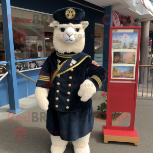 Navy Alpaca mascot costume character dressed with a Romper and Shawl pins