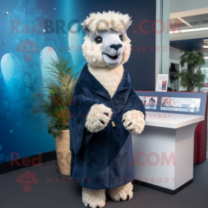 Navy Alpaca mascot costume character dressed with a Romper and Shawl pins