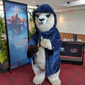 Navy Alpaca mascot costume character dressed with a Romper and Shawl pins