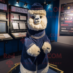 Navy Alpaca mascot costume character dressed with a Romper and Shawl pins