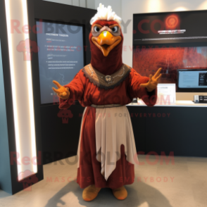 Brown Tandoori Chicken mascot costume character dressed with a Empire Waist Dress and Smartwatches