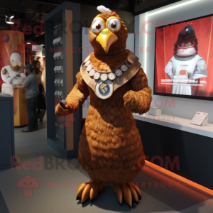 Brown Tandoori Chicken mascot costume character dressed with a Empire Waist Dress and Smartwatches