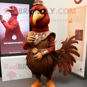 Brown Tandoori Chicken mascot costume character dressed with a Empire Waist Dress and Smartwatches