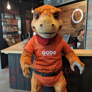 Rust Komodo Dragon mascot costume character dressed with a T-Shirt and Hair clips