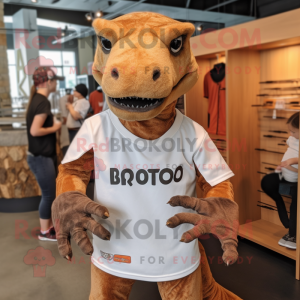 Rust Komodo Dragon mascot costume character dressed with a T-Shirt and Hair clips
