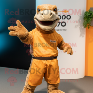 Rust Komodo Dragon mascot costume character dressed with a T-Shirt and Hair clips