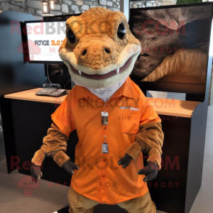 Rust Komodo Dragon mascot costume character dressed with a T-Shirt and Hair clips