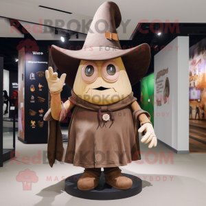 Brown Witch'S Hat mascot costume character dressed with a Bodysuit and Shoe laces