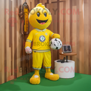 Yellow Soccer Ball mascot costume character dressed with a Corduroy Pants and Bracelet watches
