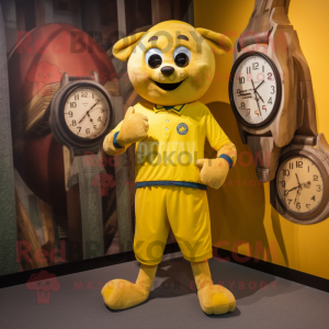 Yellow Soccer Ball mascot costume character dressed with a Corduroy Pants and Bracelet watches