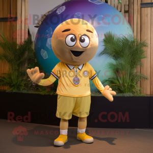 Yellow Soccer Ball mascot costume character dressed with a Corduroy Pants and Bracelet watches