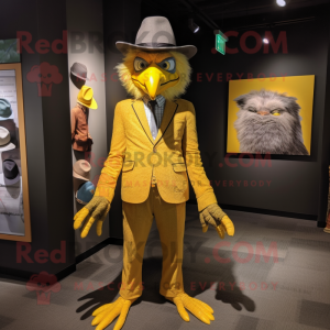 Yellow Harpy mascot costume character dressed with a Blazer and Hats