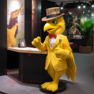 Yellow Harpy mascot costume character dressed with a Blazer and Hats