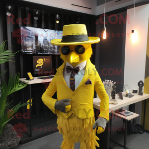 Yellow Harpy mascot costume character dressed with a Blazer and Hats